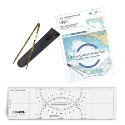 Pack officiel permis plaisance hauturier essentiel - R�gle Cras noire + Compas Laiton + Carte SHOM 9999 - FlashTide