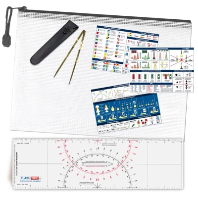 Pack navigation � R�gle Cras + Compas en laiton + 3 adh�sifs RIPAM + pochette de rangement pour cartes marines - FlashTide